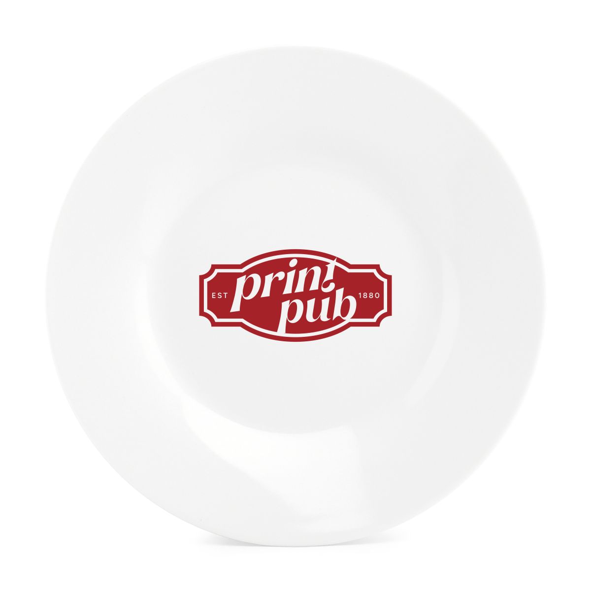 Bord Basic lijn 24 cm porselein met rood PrintPub-logo in één kleur op de voorzijde.