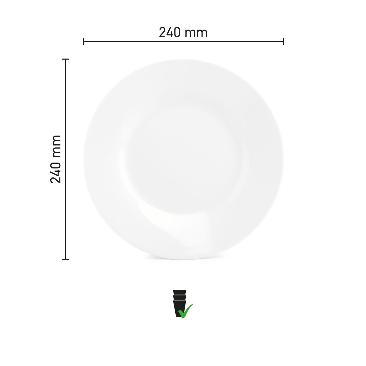 Infographic met hoogte en diameter van het porseleinen bord Basic lijn 24 cm.
