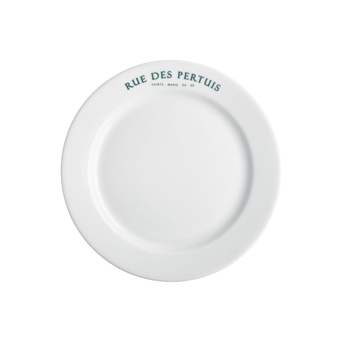 Bord met brede rand wit 17 cm porselein met eenkleurig logo van Rue des Pertuis op de rand