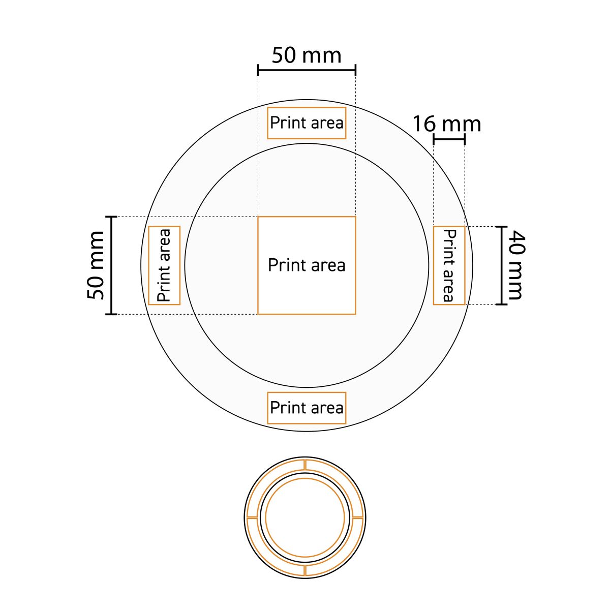 Technische werktekening van het bord met brede rand wit 21 cm porselein met drukgebied-aanduiding