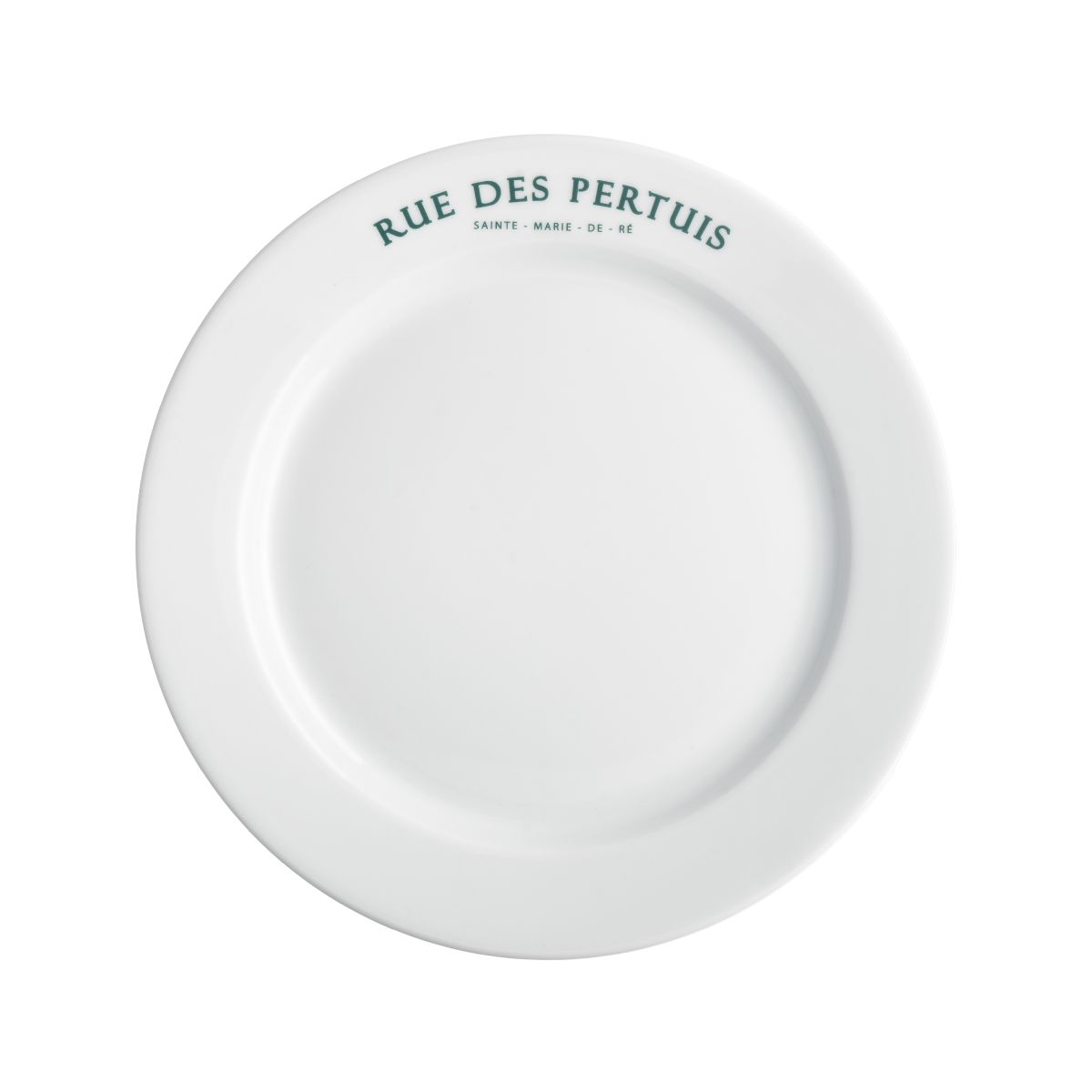 Bord met brede rand wit 21 cm porselein met eenkleurig logo van Rue des Pertuis op de rand
