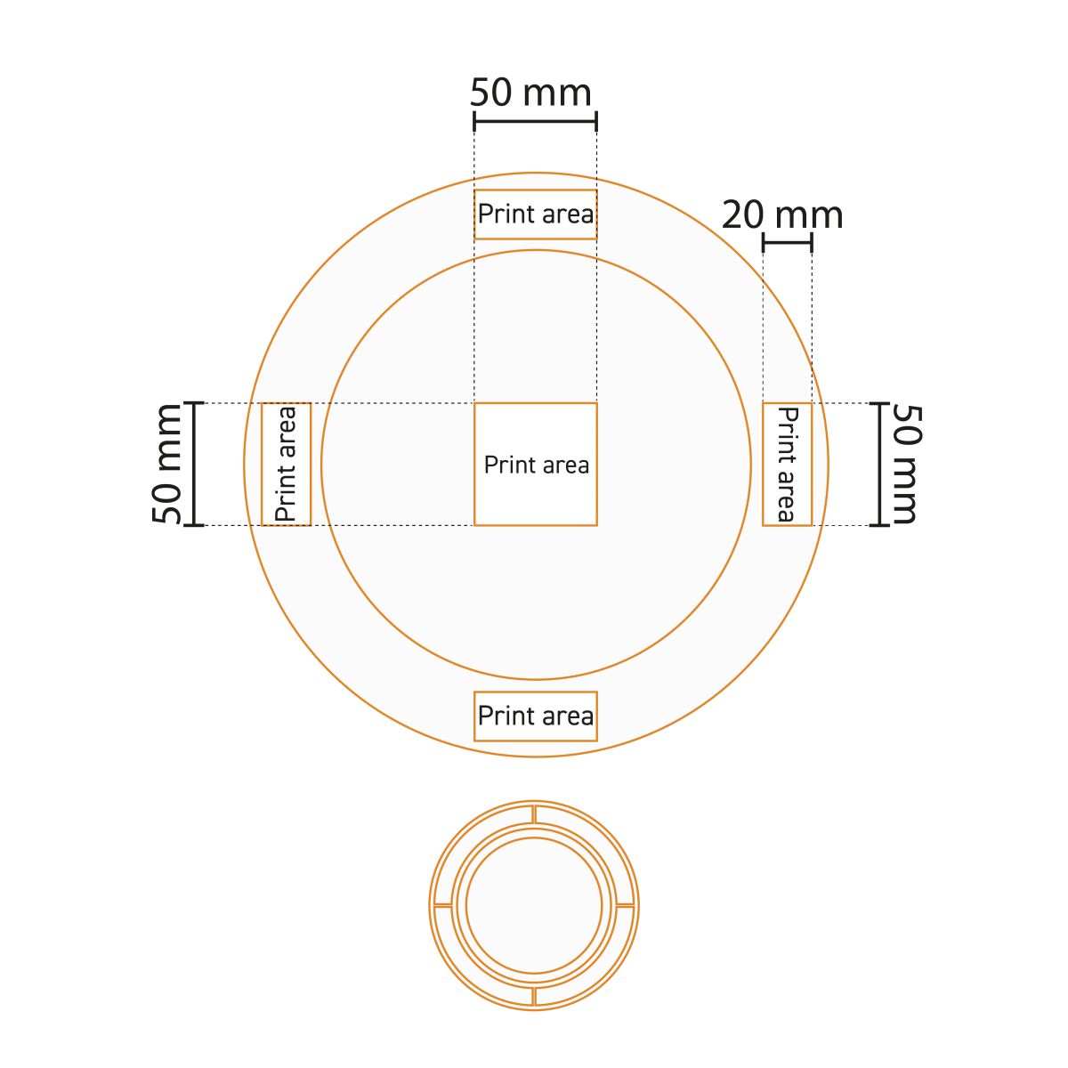 Technische werktekening van het bord met brede rand wit 24 cm porselein met drukgebied-aanduiding