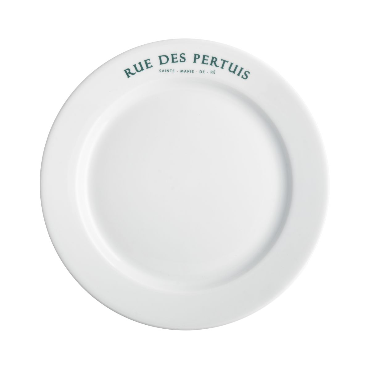 Bord met brede rand wit 24 cm porselein met eenkleurig logo van Rue des Pertuis op de rand