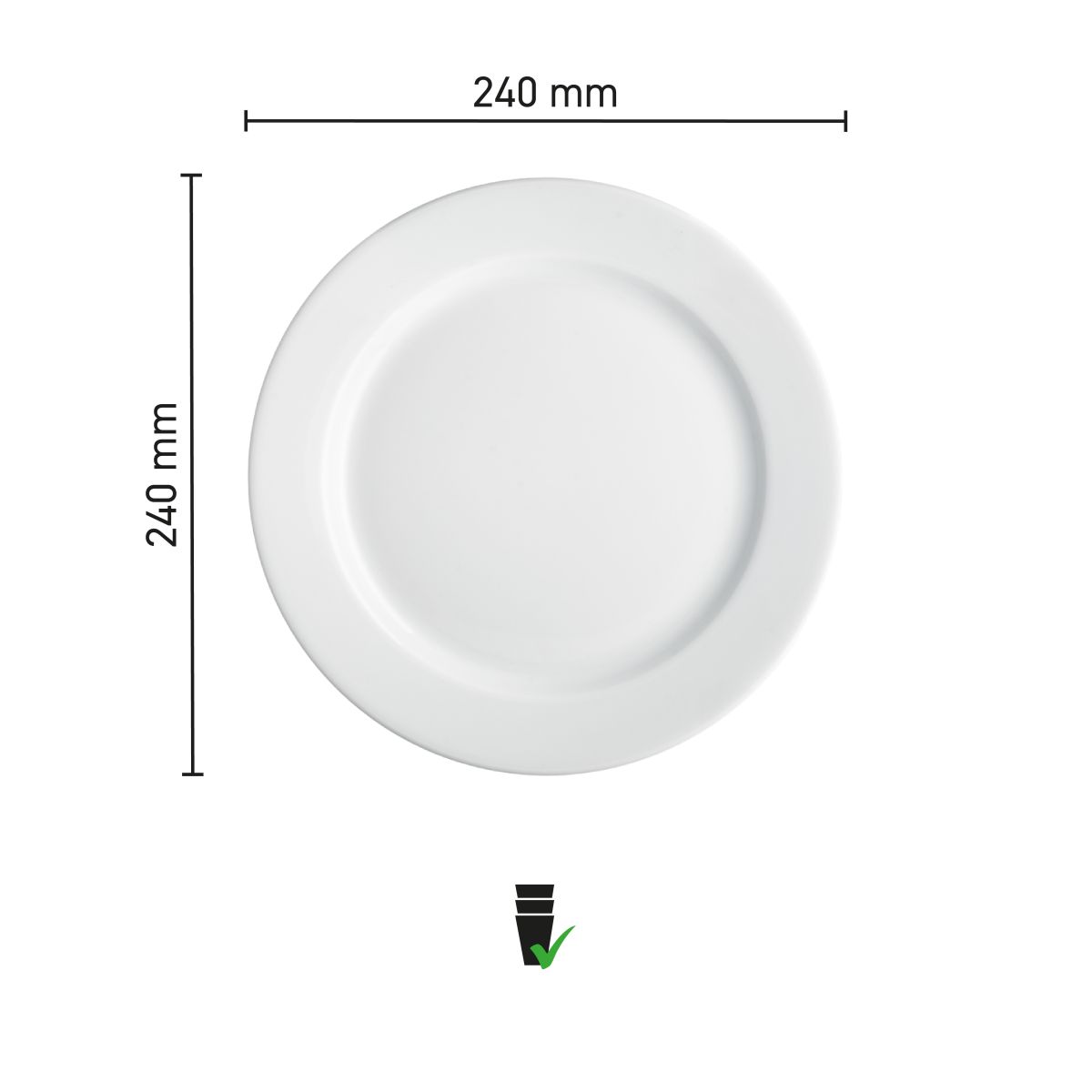 Maatvoering van het bord met brede rand wit 24 cm porselein met diameter en randbreedte in infographic