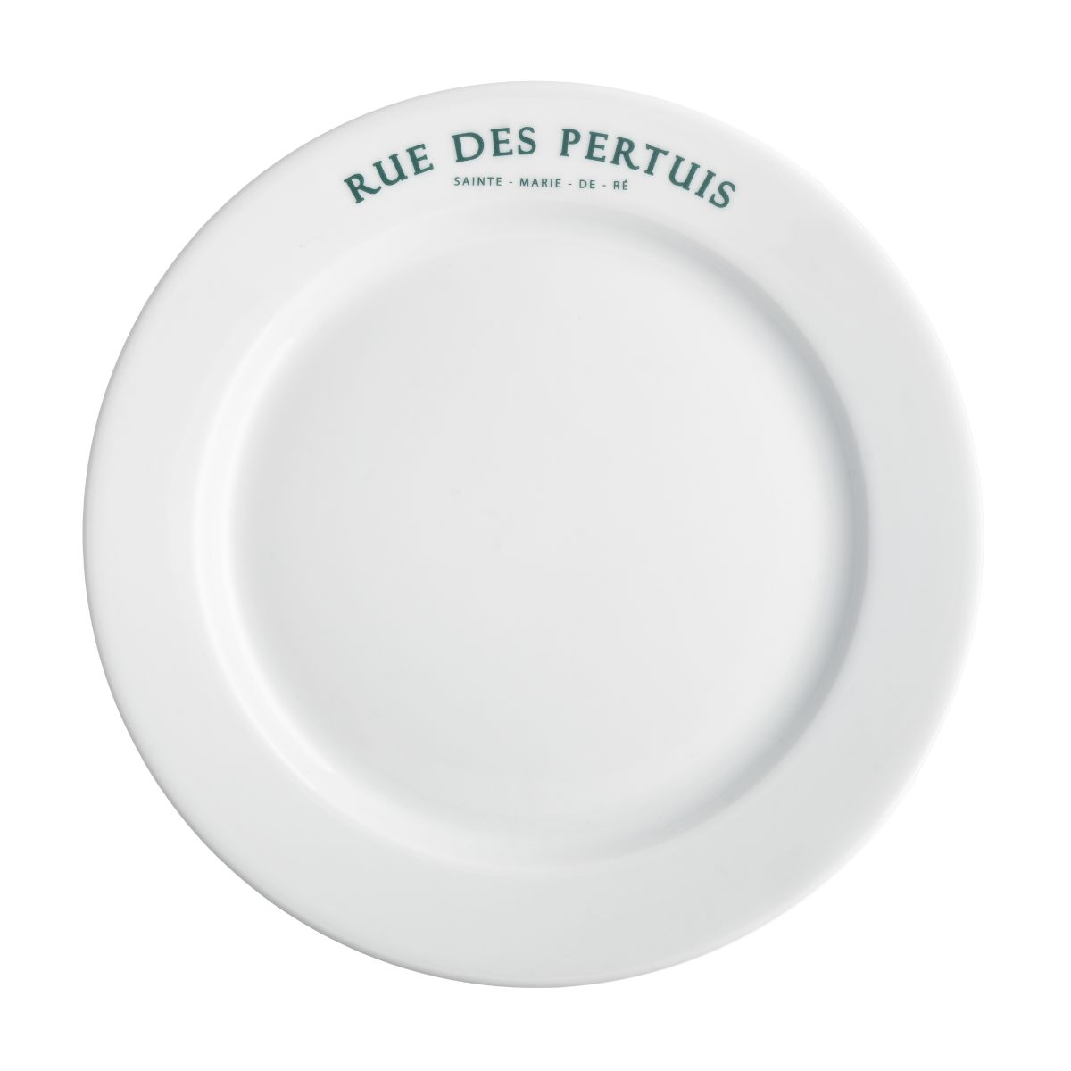 Bord met brede rand wit 26,5 cm porselein met eenkleurig logo van Rue des Pertuis op de rand