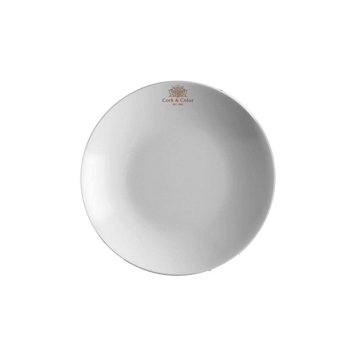 Diep porseleinen bord Isabelle 13 cm met éénkleurig CorkColor-logo op het vooraanzicht.