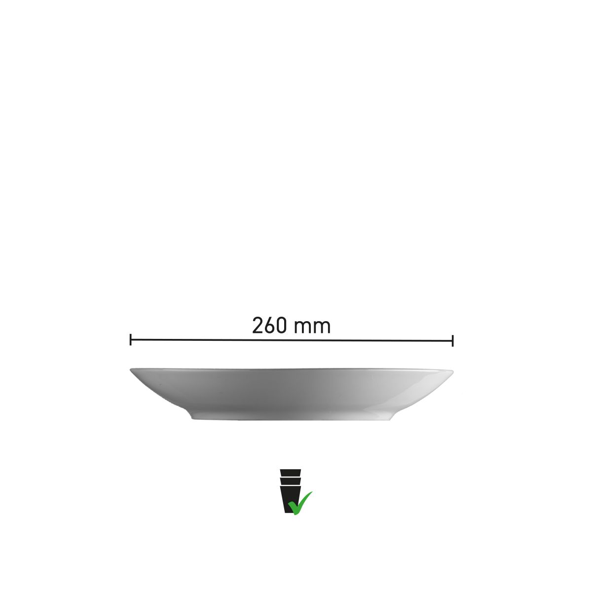 Infografiek toont afmetingen van het diepe Isabelle bord 26 cm in wit porselein.