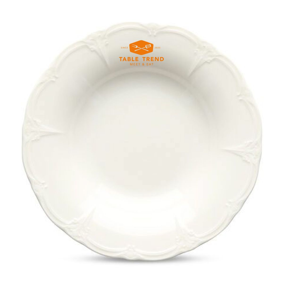 Front view of Retro deep plate 24 cm porcelain with orange logo of PrintPub centred.