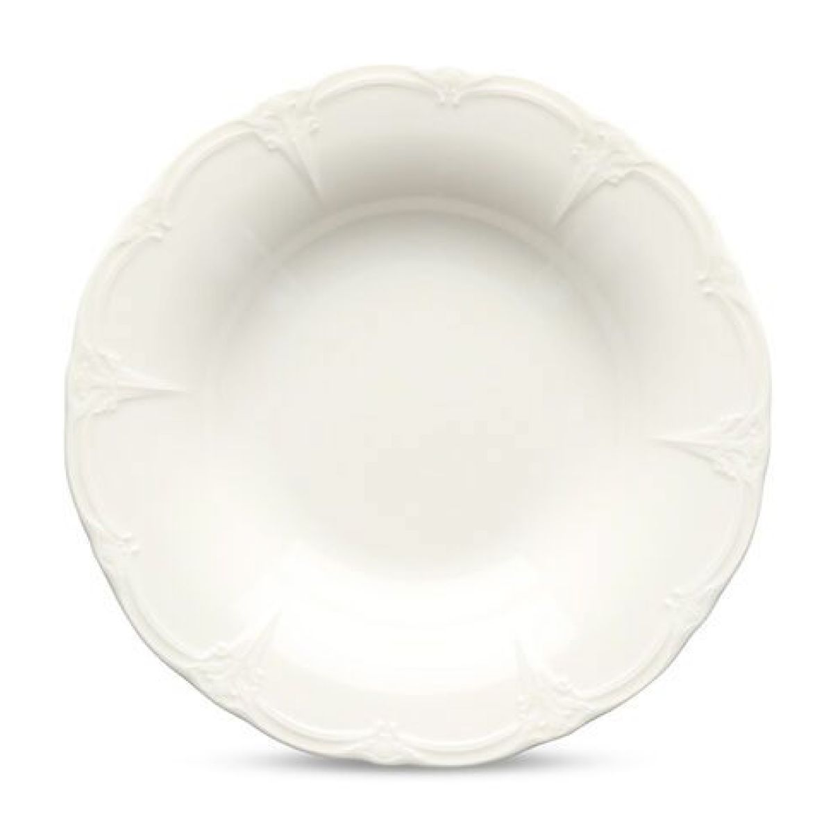 Diep bord Retro van 24 cm in wit porselein, volledig zichtbaar van voren op egale achtergrond.