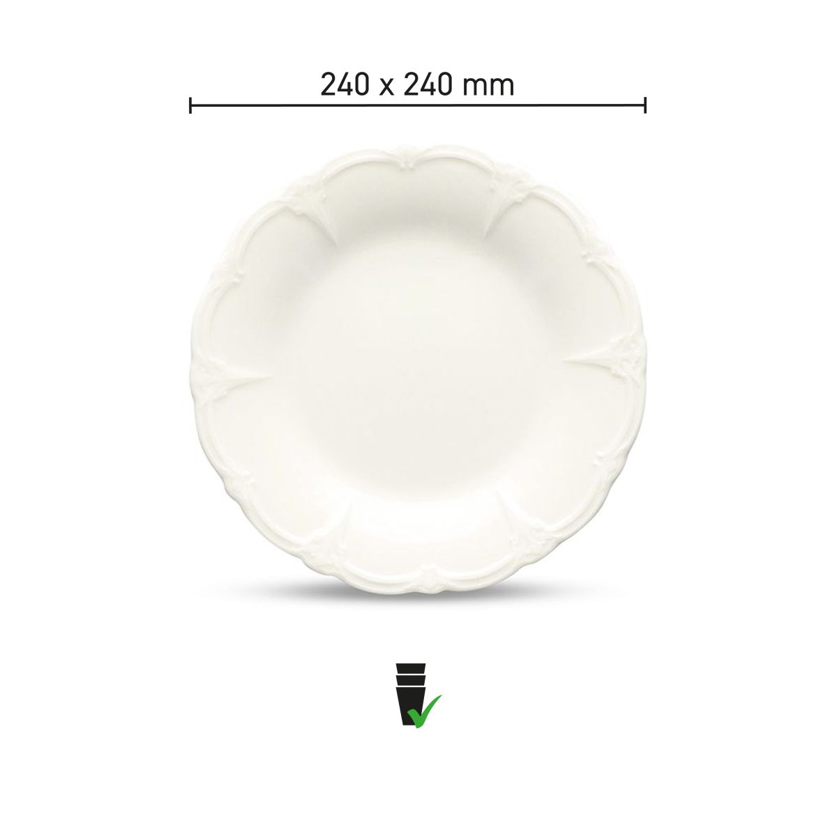 Overview with dimensions of the Retro porcelain plate 24 cm, including scale and diameter.