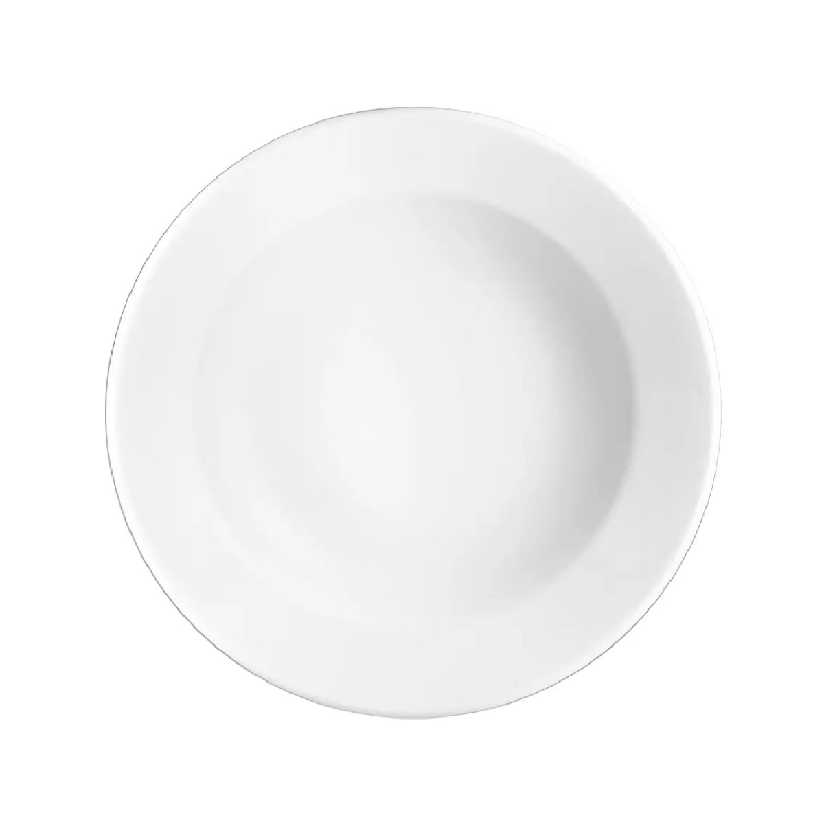 Round plate deep Princip 23 cm of white porcelain in front view, with smooth inner surface. Round plate deep Princip 23 cm of white porcelain in front view, with smooth inner surface.