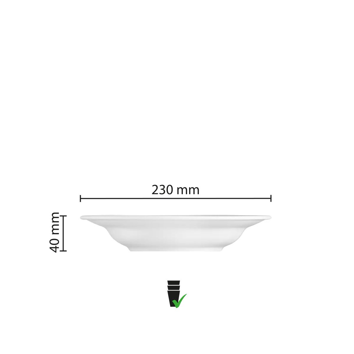 Infographic showing dimensions of the deep Princip plate 23 cm, including diameter and depth.