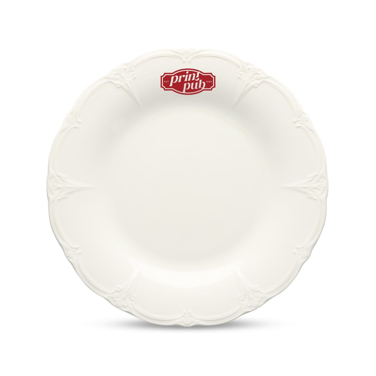 Front view of white porcelain plate Retro 21.5 cm with red PrintPub logo centred on the plate.