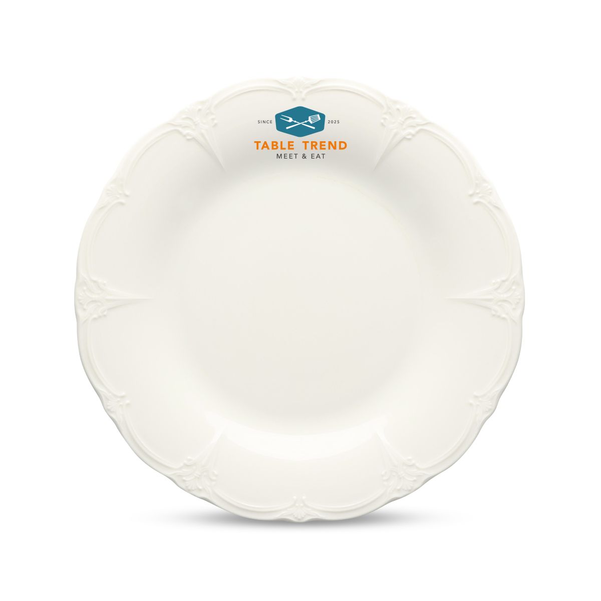 Porcelain plate Retro 21.5 cm with multi-coloured TableTrend logo in the centre of the front view.