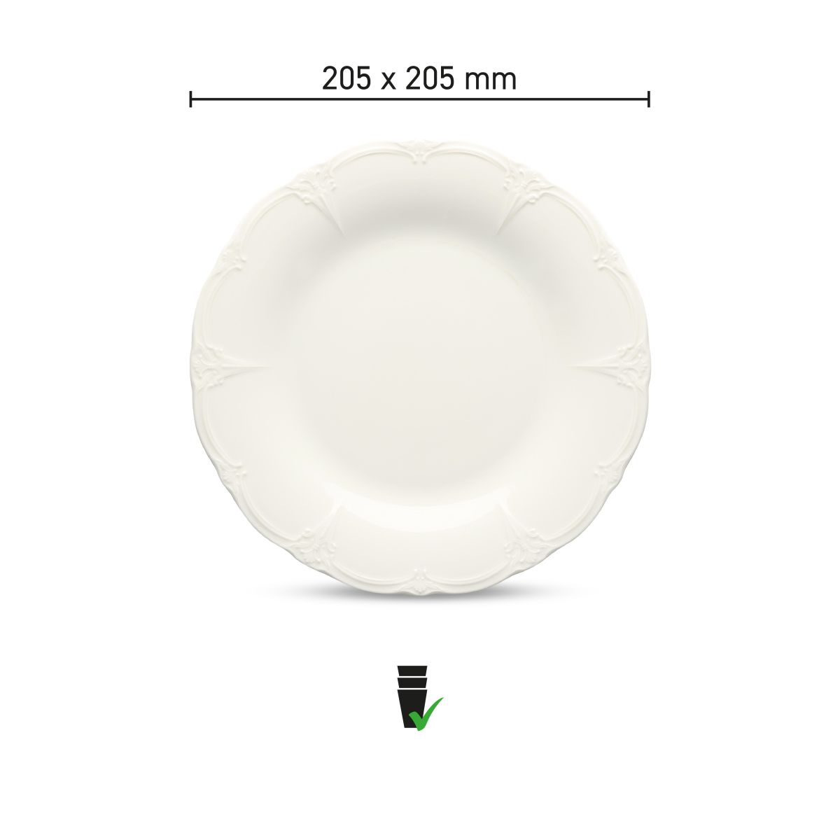 Infographic shows sizes of porcelain plate Retro 21.5 cm with indication of diameter and rim height.
