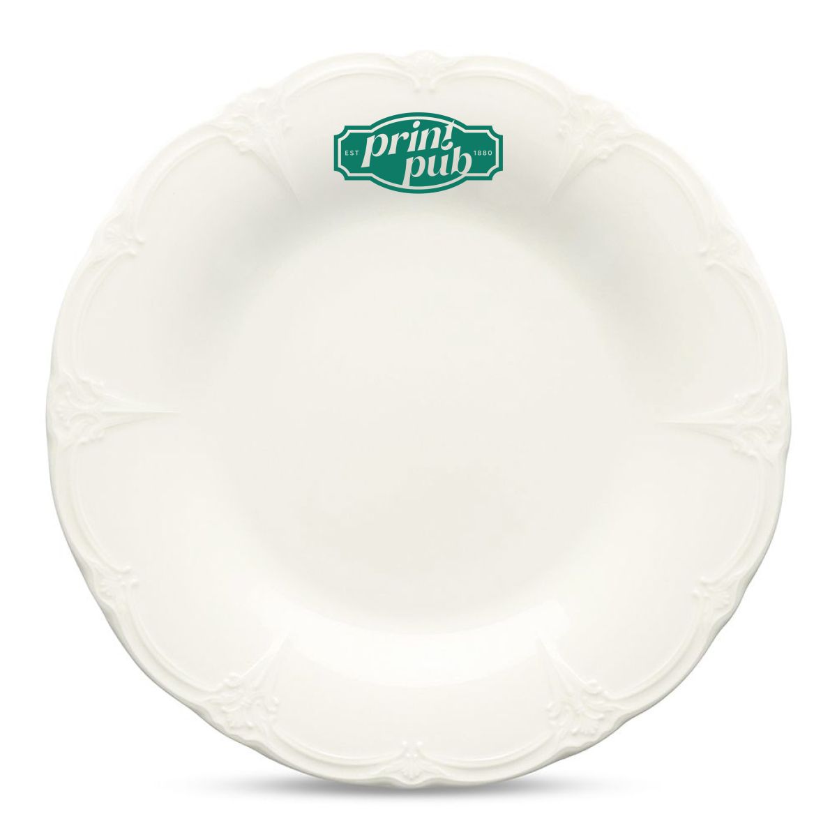 Front view of Plate Retro 27 cm porcelain with single-colour PrintPub logo printed centrally.