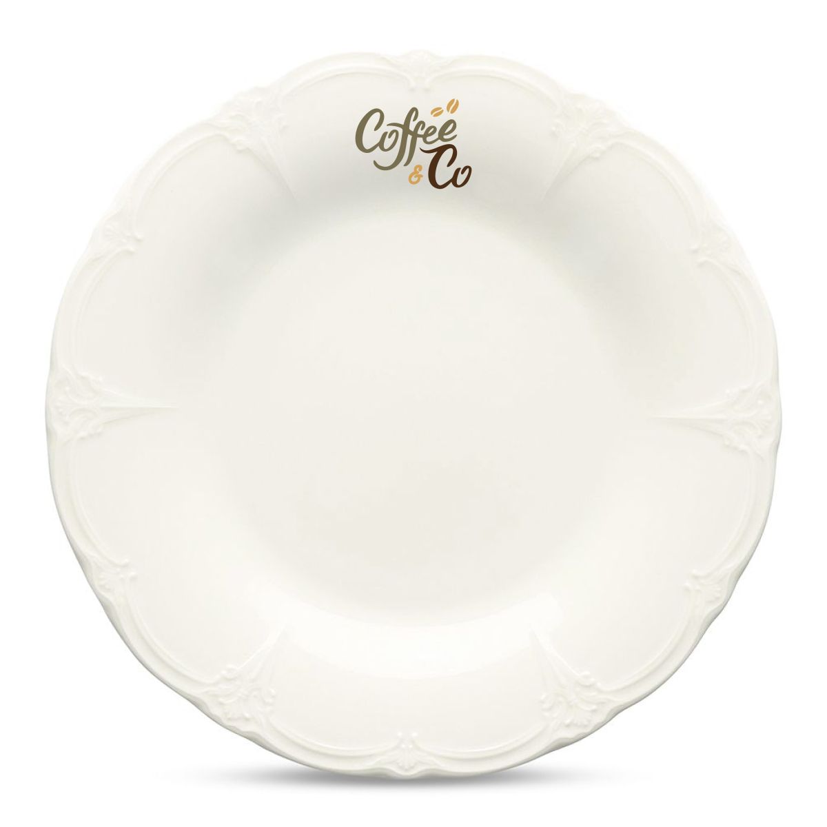 Plate Retro 27 cm porcelain with multi-coloured CoffeeCo logo on front, clearly visible.