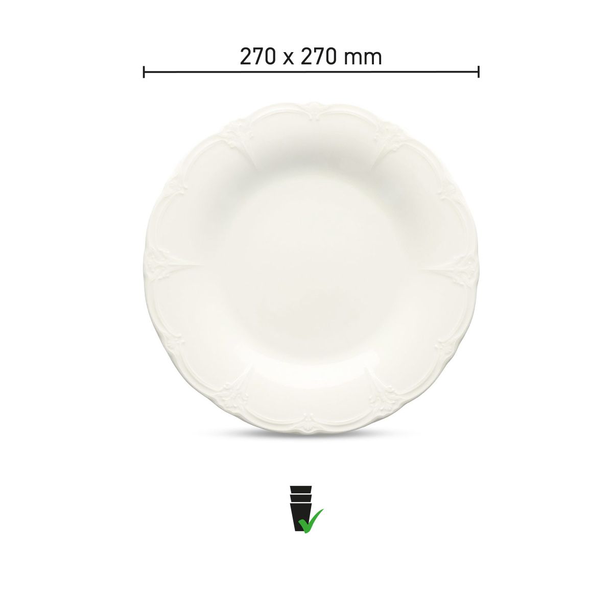 Infographic showing dimensions of Plate Retro 27 cm porcelain, including diameter.