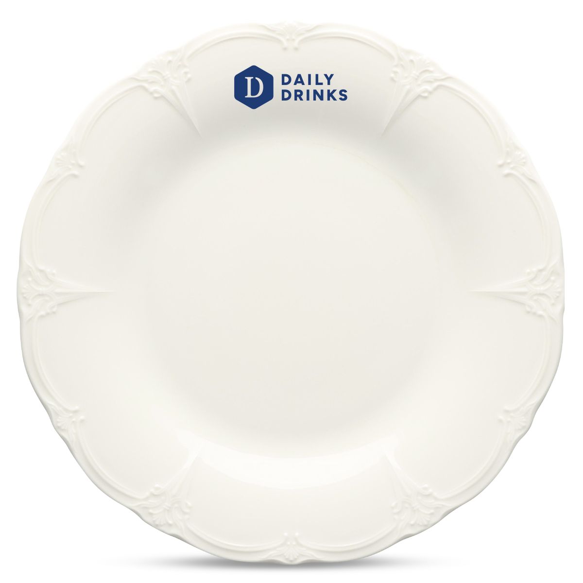Porcelain plate Retro 32 cm with DailyDrinks logo in one colour centred on the front surface.
