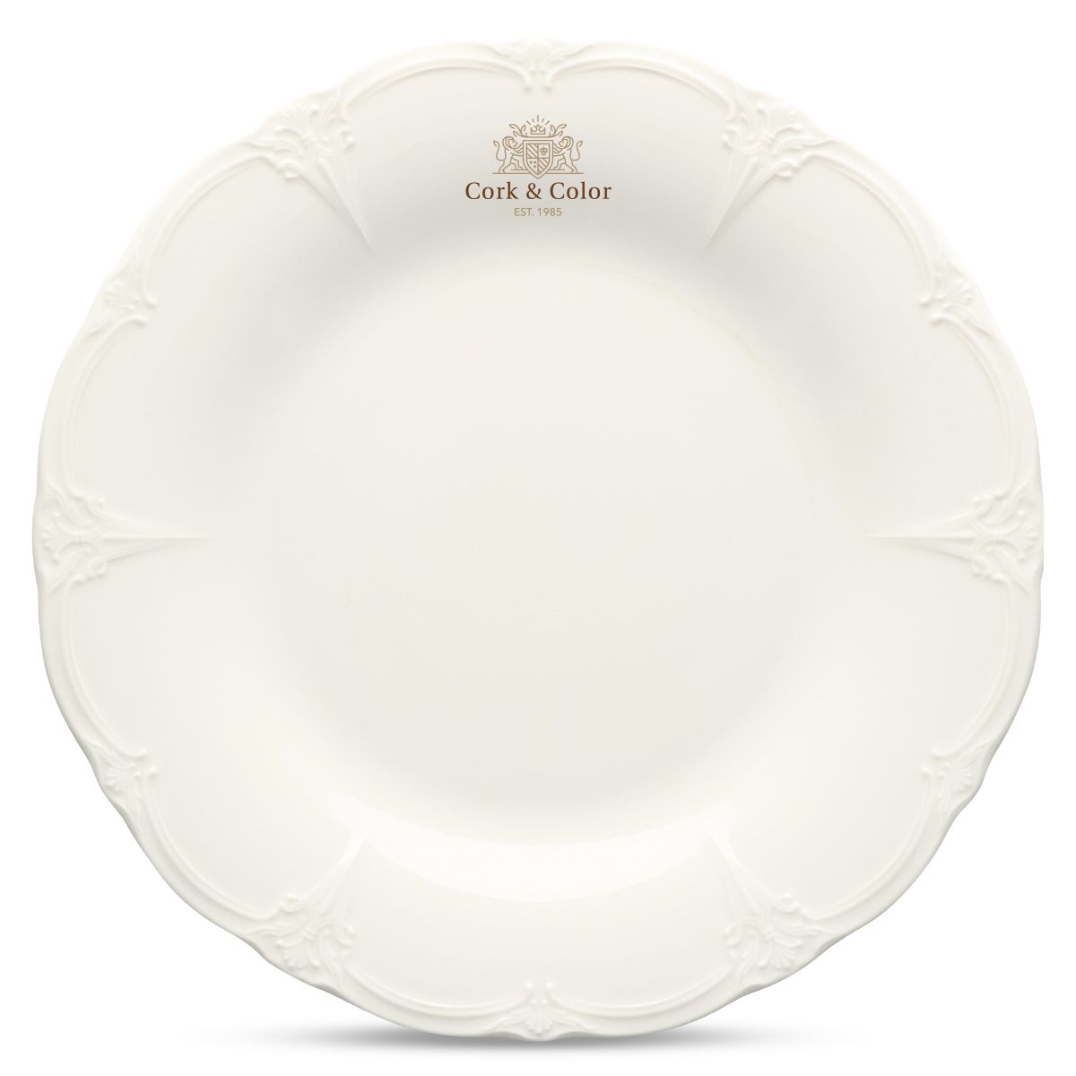 Retro 32 cm porcelain plate with colourful CorkColor logo printed on the front face.