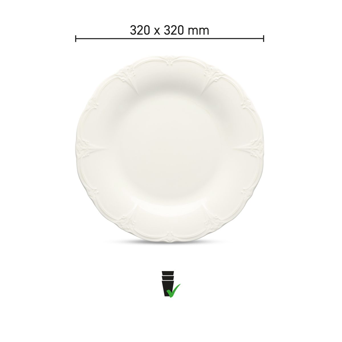 Infographic view of plate Retro 32 cm with porcelain specifications and diameter in image.