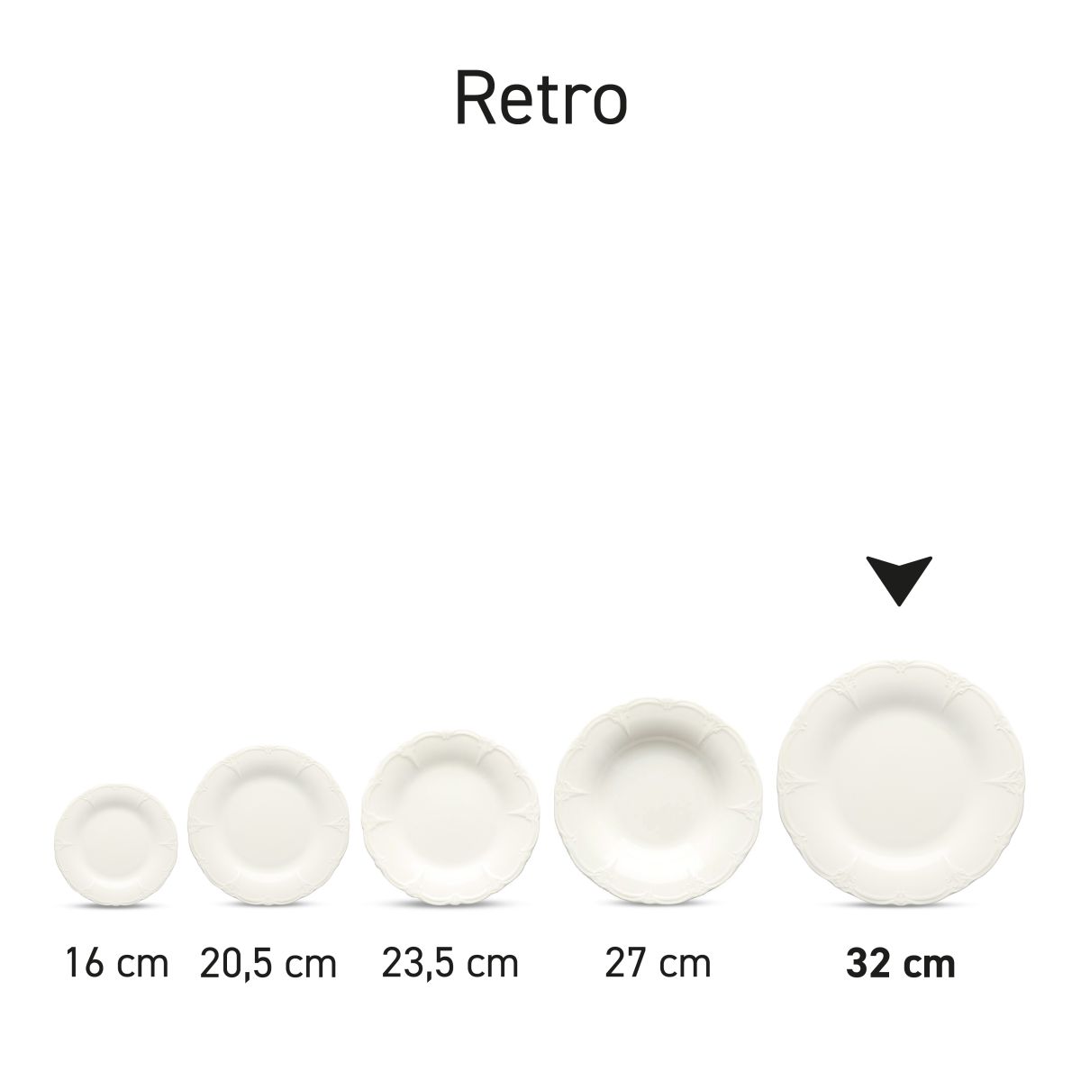 Retro plate 32 cm in series, several items shown side by side