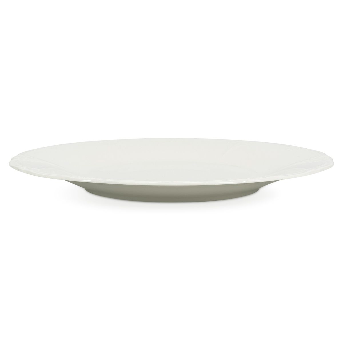 Porcelain plate Retro 32 cm in side view with slight curve and even thickness visible.
