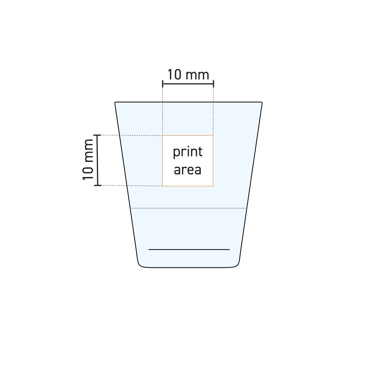 Technical working drawing of Drinks stack Grande S 7.2 cl. with marking of printing area for logo.