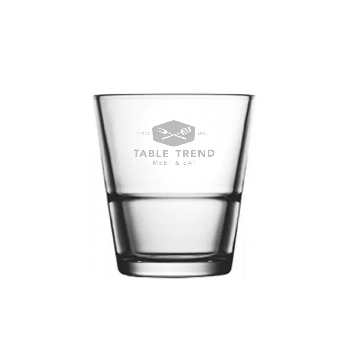 Engraved TableTrend logo visible on front of Drinks stack Grande S 7.2 cl. subtly incorporated into the glass.