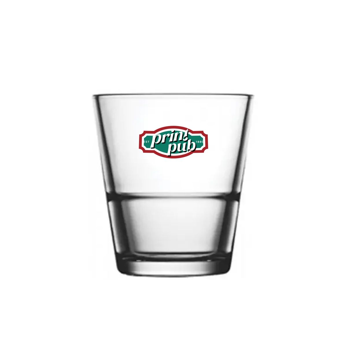 Drinks stack Grande S 7.2 cl. with multicoloured PrintPub logo on front, printed on smooth glass surface.