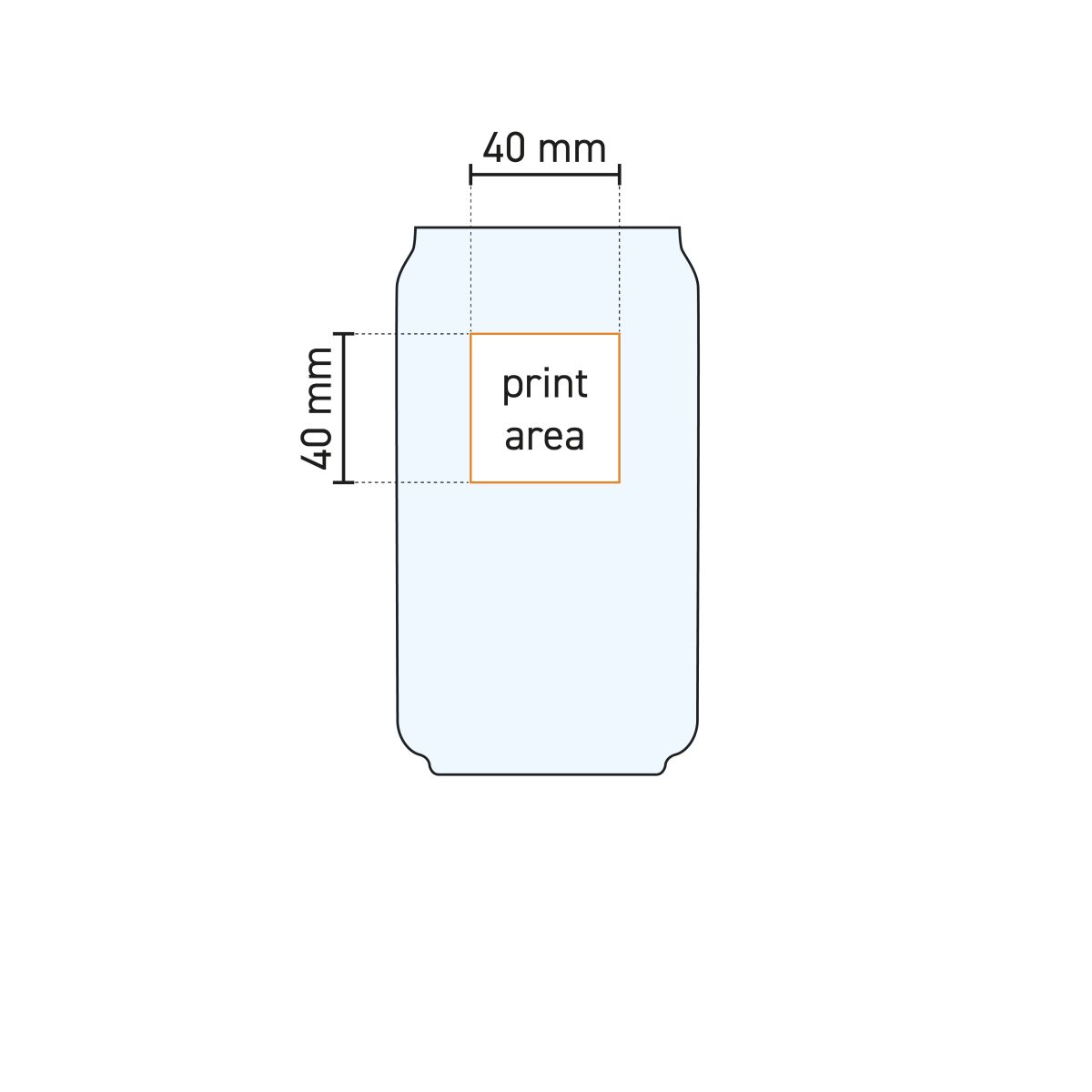 Technische werktekening van het Can glas 35 cl met drukgebied-aanduiding