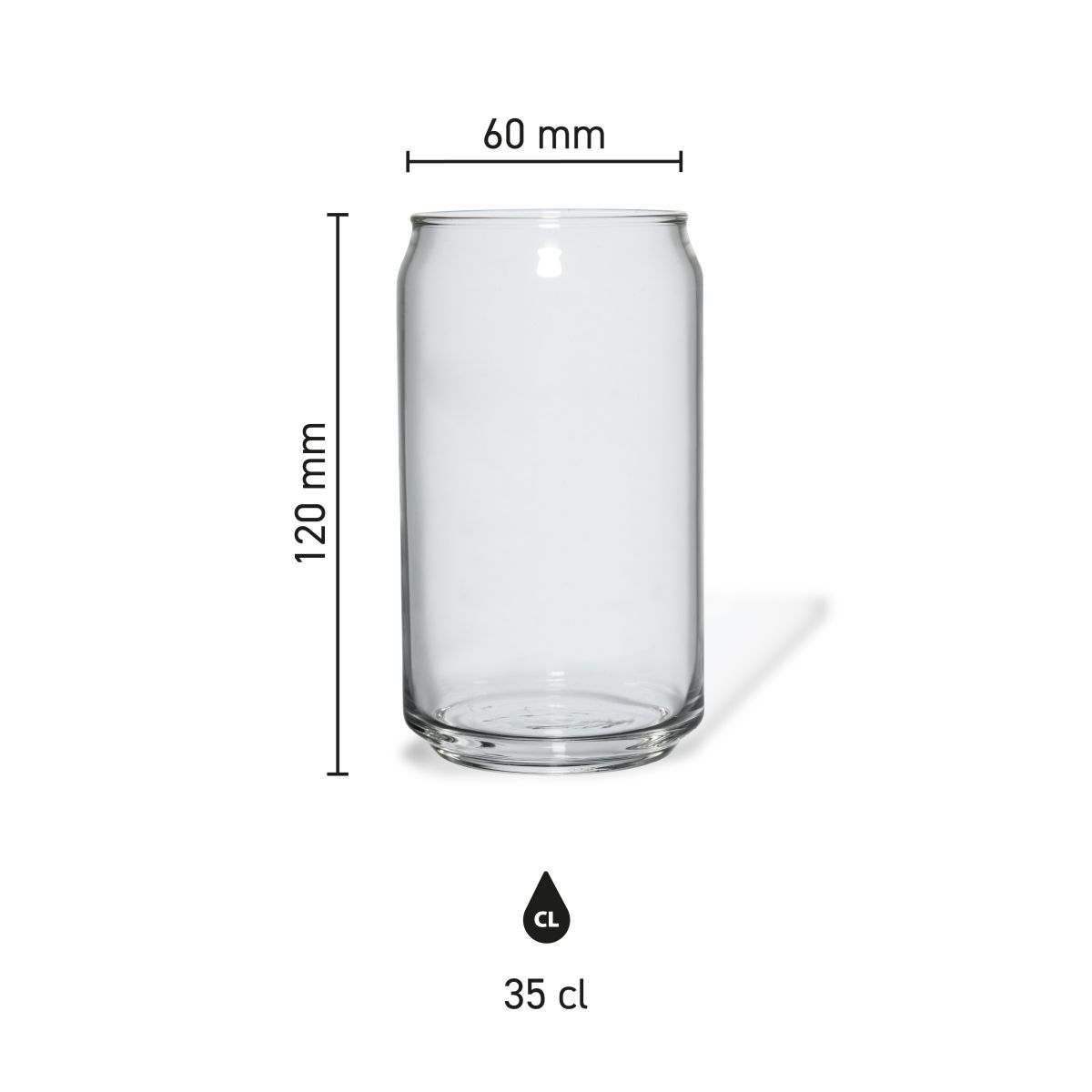Maatvoering van het Can glas 35 cl met hoogte, diameter en inhoud in infographic