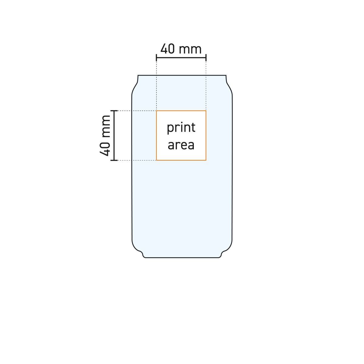 Technische werktekening van het Can glas 48 cl met drukgebied-aanduiding
