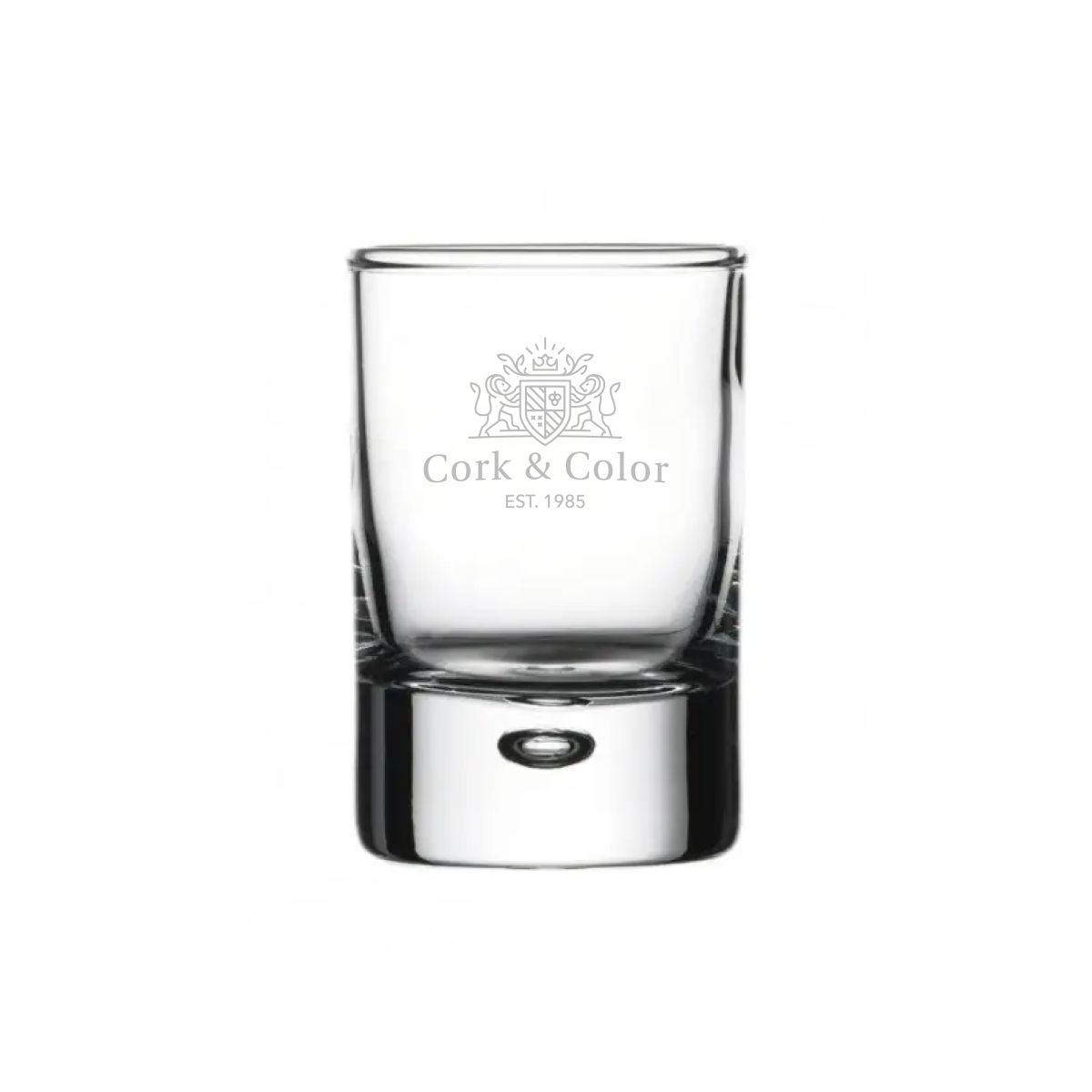 Shot glass of 6.3 cl with engraved CorkColor logo on clear glass in sleek front view.