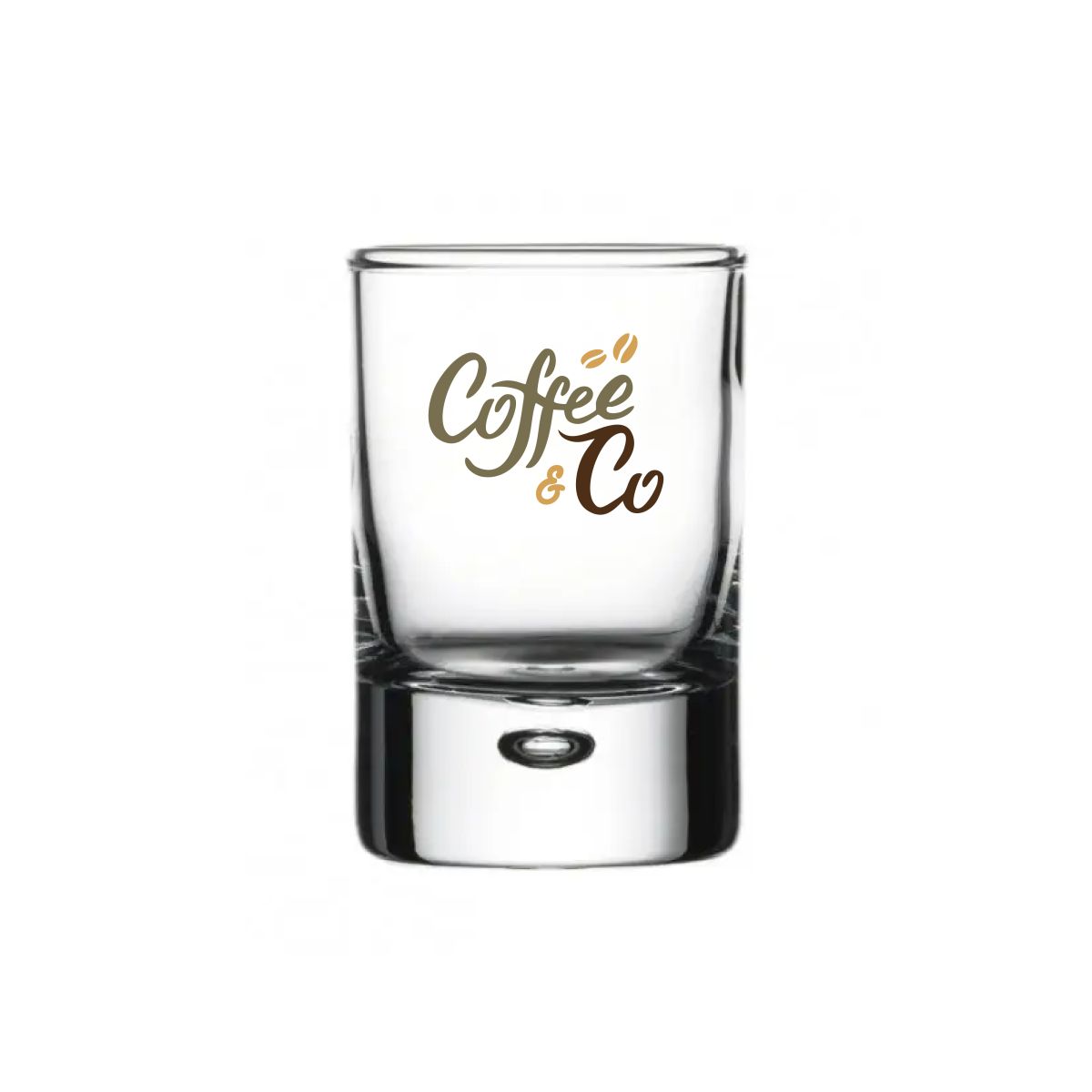 Centra Shot 6.3 cl glass with CoffeeCo logo in multiple colours on the front face of the drinking glass.
