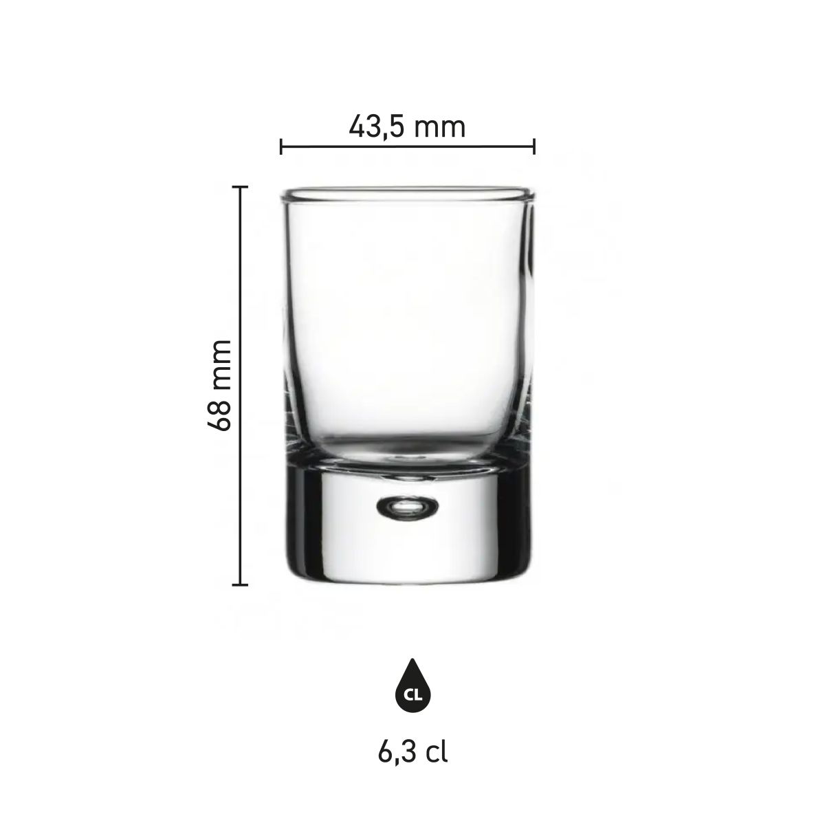 Infographic showing dimensions of the Centra Shot 6.3 cl glass including height and diameter.