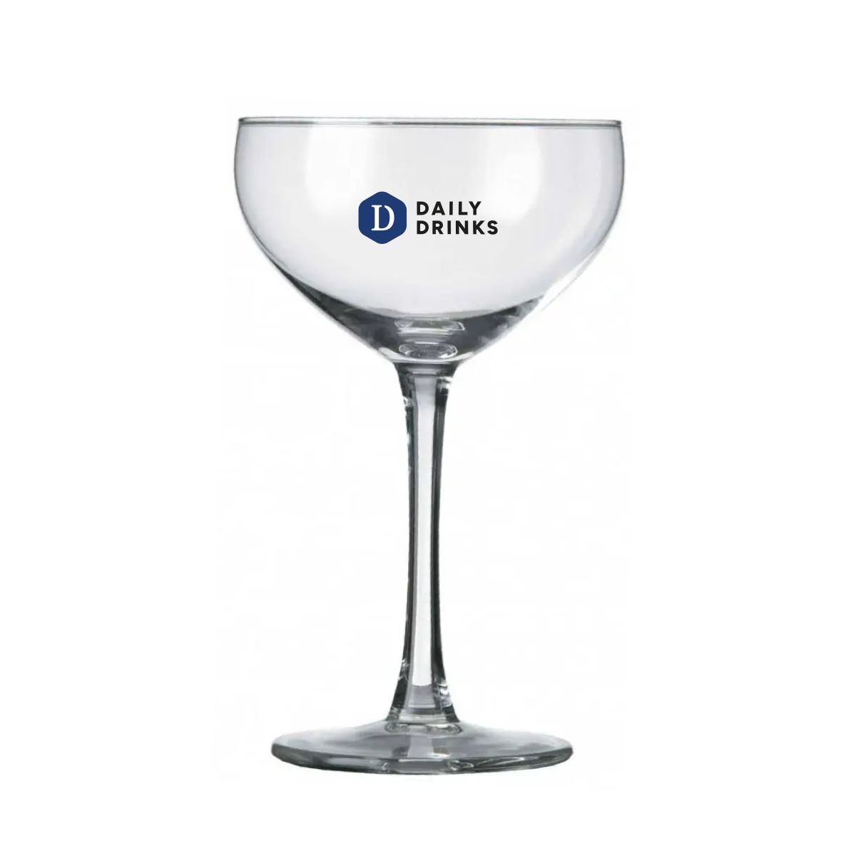 Champagnecoupe Specials 24 cl. met meerkleurig DailyDrinks-logo op de voorzijde van het transparante glas.
