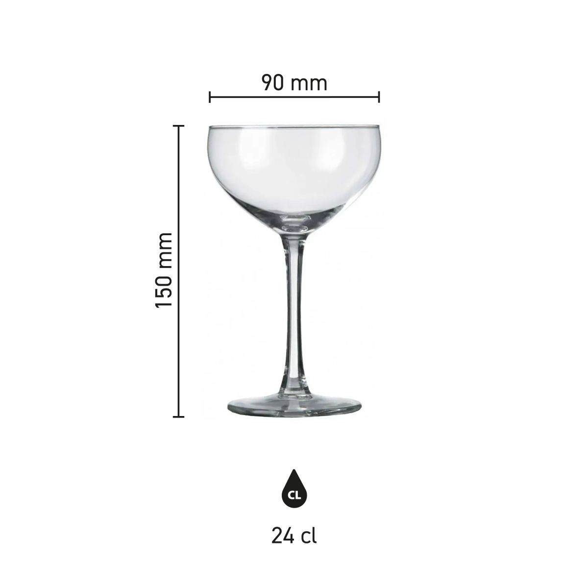 Infographic met afmetingen van het champagneglas Specials 24 cl., met hoogte, kelkbreedte en inhoud.