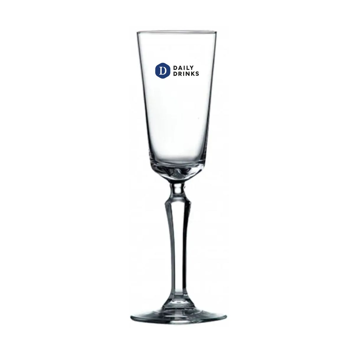 Voorzijde van champagneglas Spksy met meerkleurig DailyDrinks-logo subtiel op het glas gedrukt.