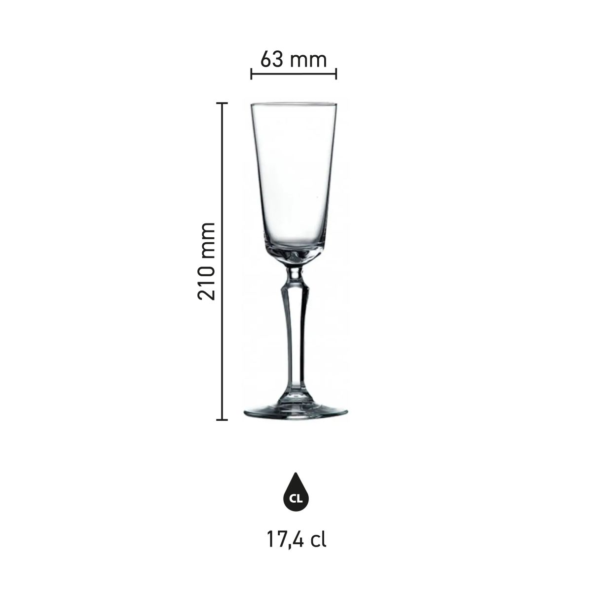 Infographic met maatvoering van champagneglas Spksy 17.4 cl glas, inclusief hoogte en diameter.