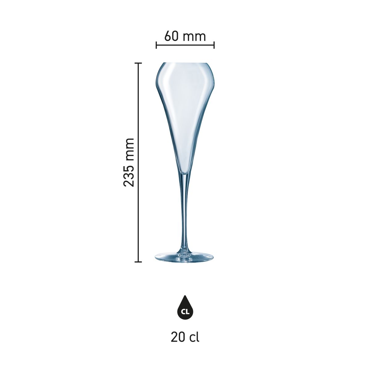 Infographic showing product dimensions of Chef &amp; Sommelier Open Up champagne glass 20 cl, height and diameter marked.