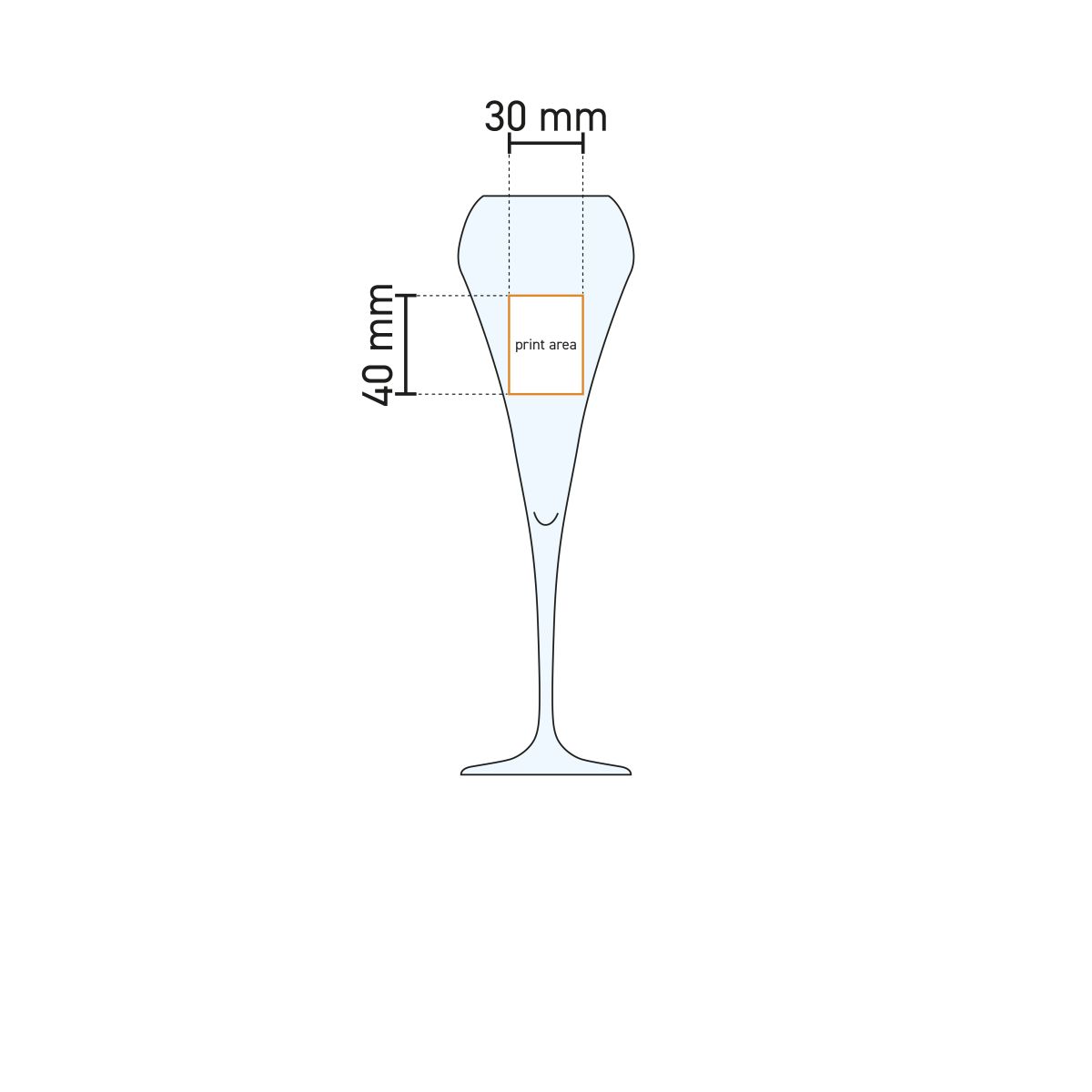 Working drawing with printing area for printing on Chef &amp; Sommelier Open Up champagne glass 20 cl, chalice and position.