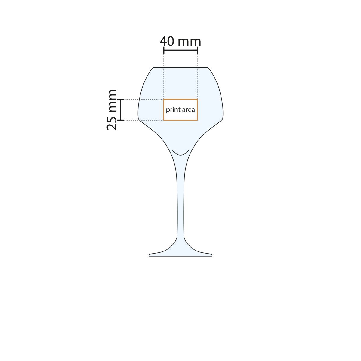 Working drawing with marking of printing area for Chef &amp; Sommelier Open Up wine glass 47 cl.