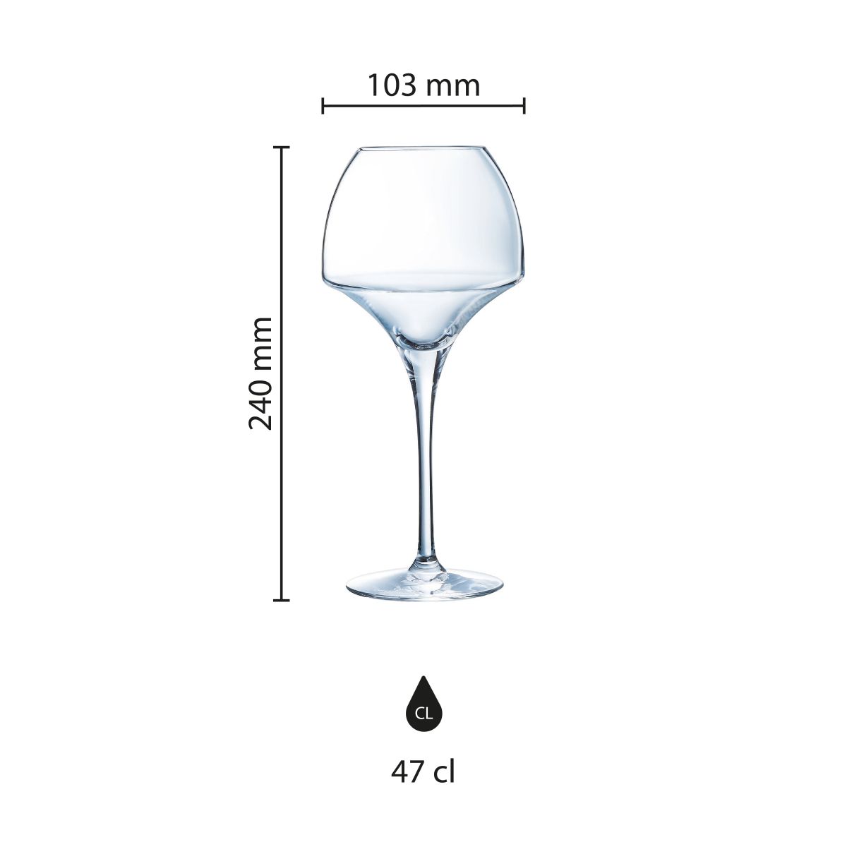 Infographic showing product dimensions of Chef &amp; Sommelier Open Up wine glass 47 cl.