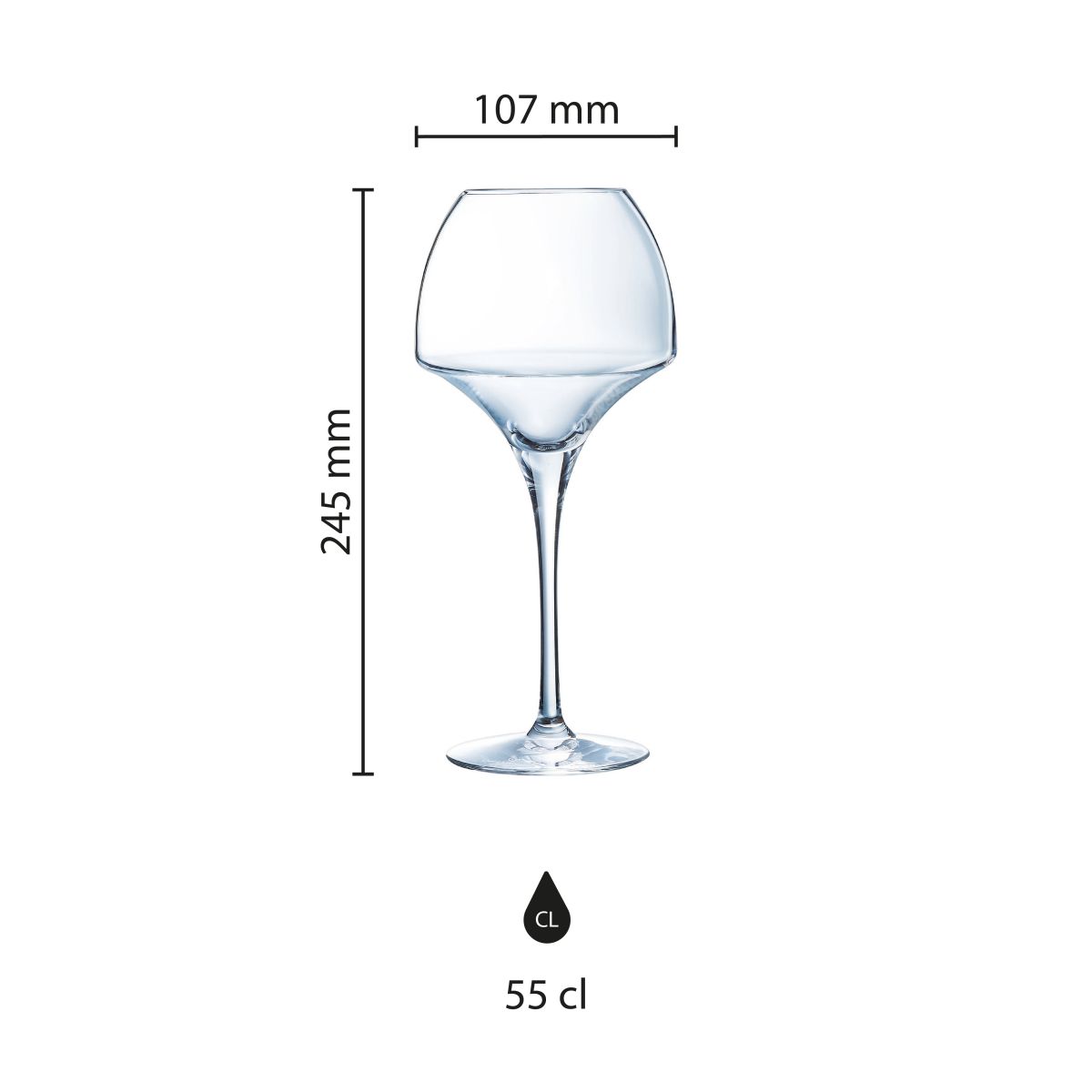 Infographic showing product dimensions of Chef &amp; Sommelier Open Up wine glass 55 cl.