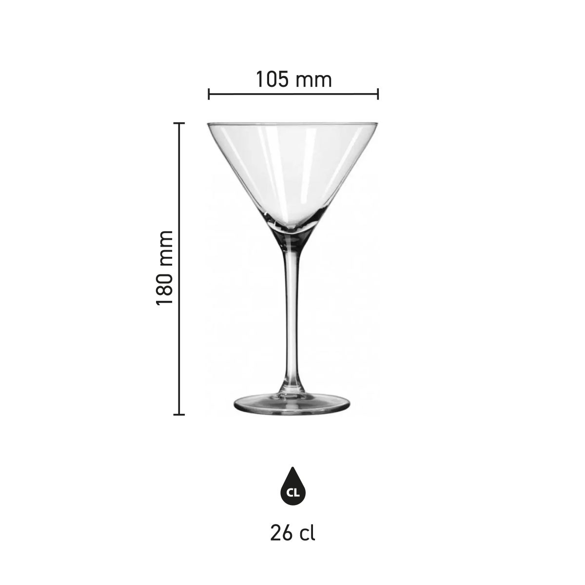 Infographic met productafmetingen van cocktailglas Royal Leerdam Specials 26 cl.