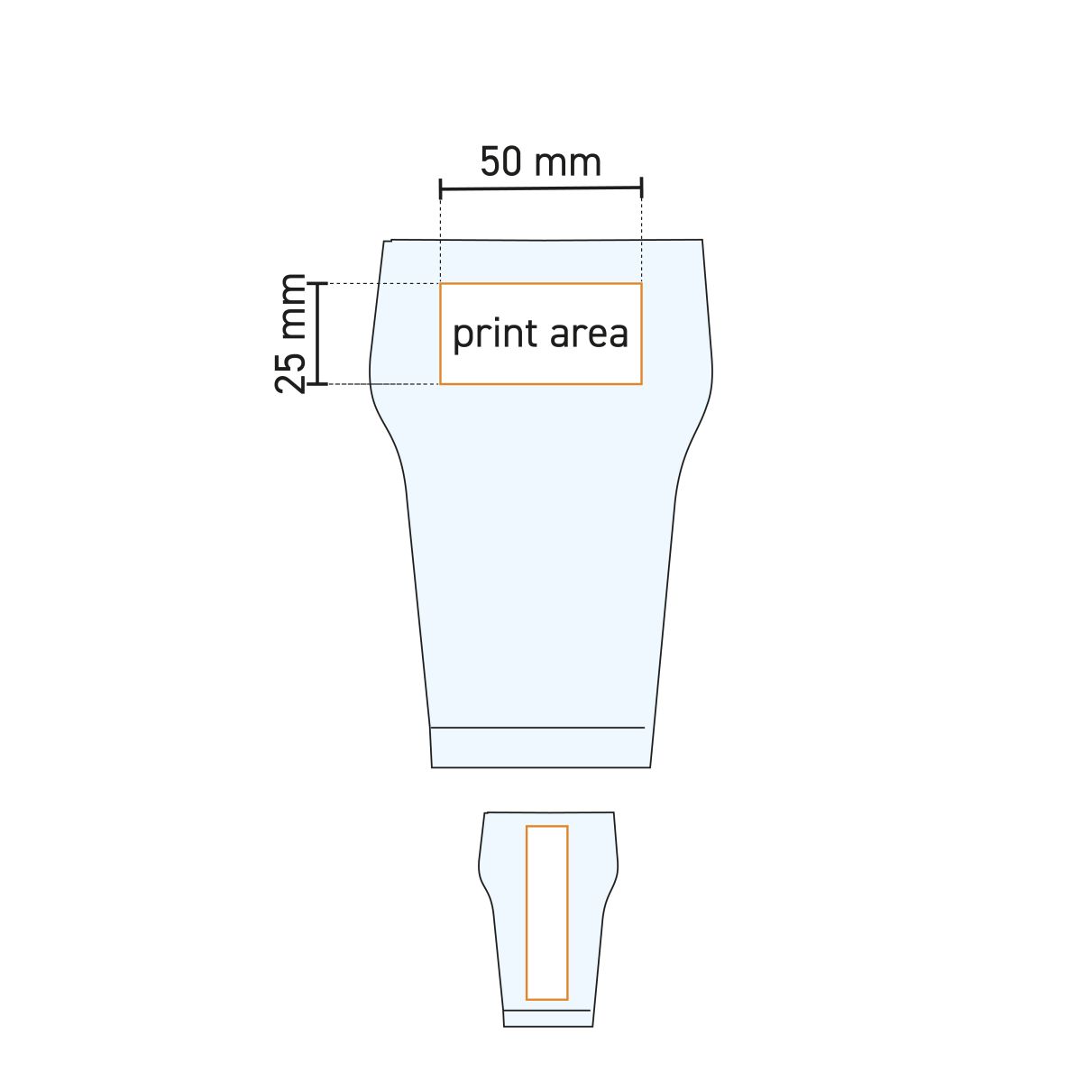 Technical working drawing of the 28 cl. glass with indication of the printing area for logos.