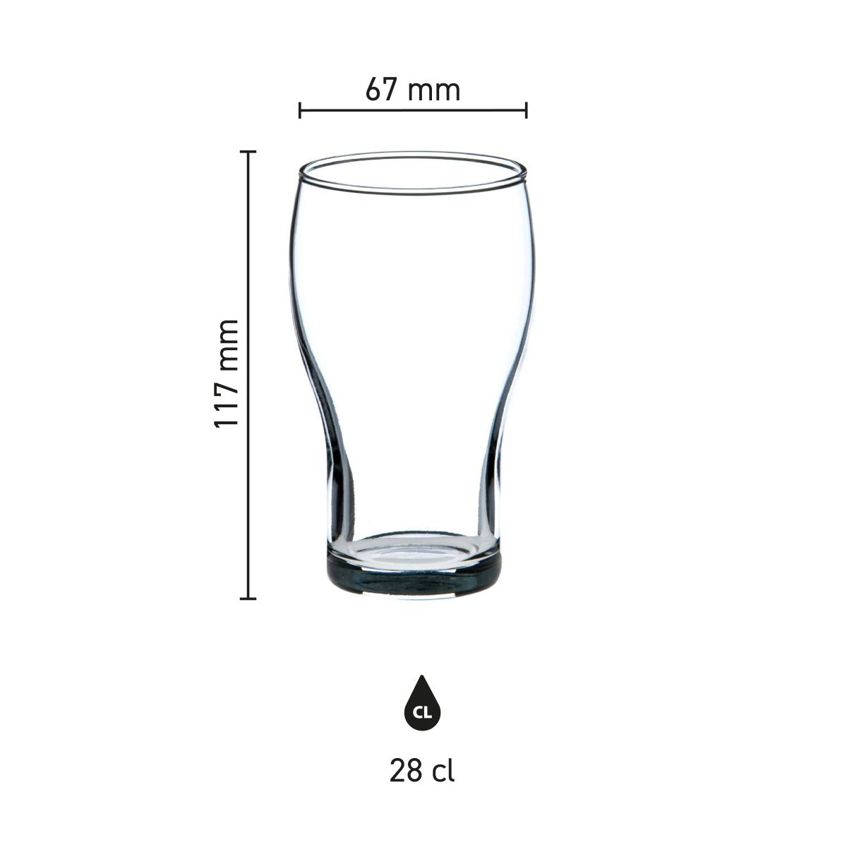 Infographic showing dimensions of the Cola Groot 28 cl. glass, including height and diameter.
