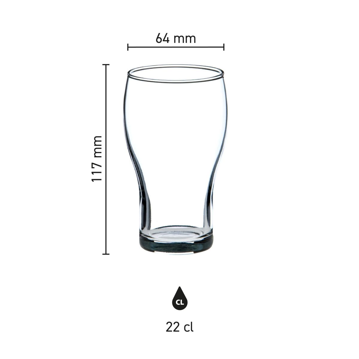 Infographic showing dimensions of the Cola Klein 22 cl. glass, including height and diameter.