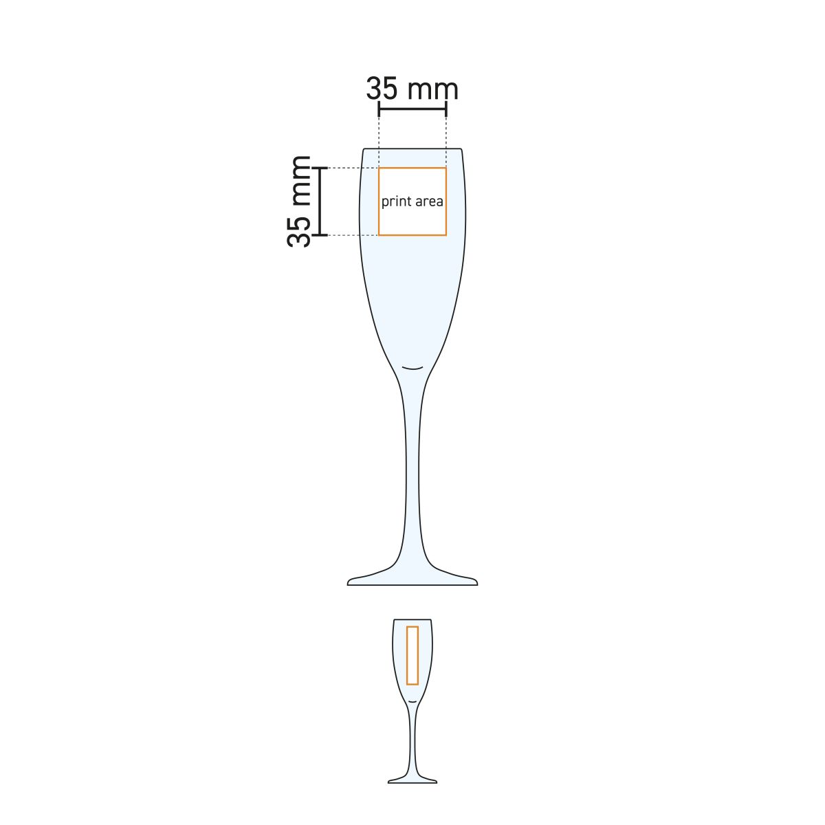 Technische werktekening toont het drukgebied op de kelk van de Cosy Moments Champagneflute 19 cl.